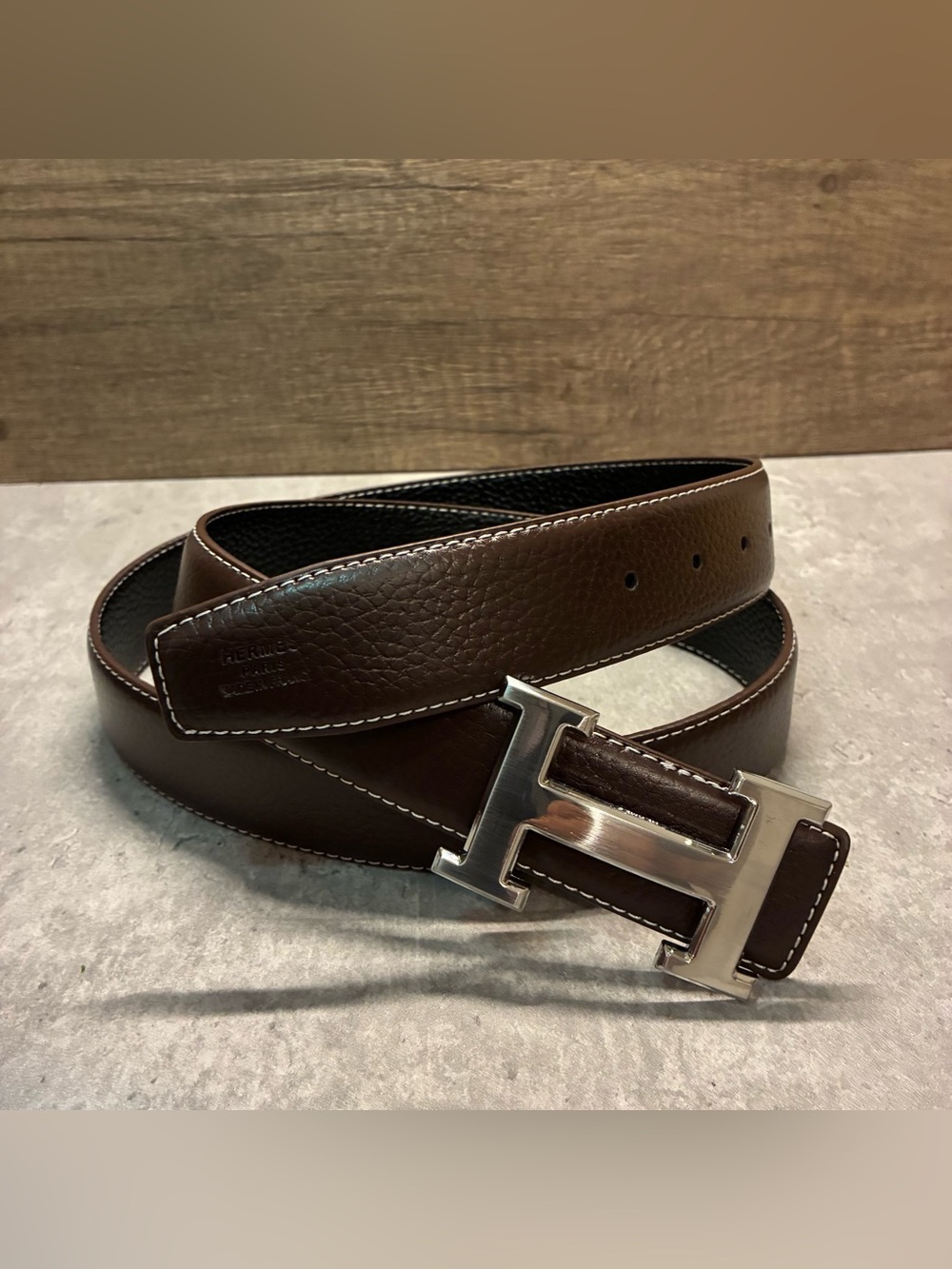 Classic Dark Chocolate Brown Leather Men's H Buckle Belt Silver Metal Hardware